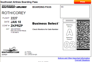 Example of a boarding pass on Southwest Airlines.  Boarding Group and Position are indicated on the right.
