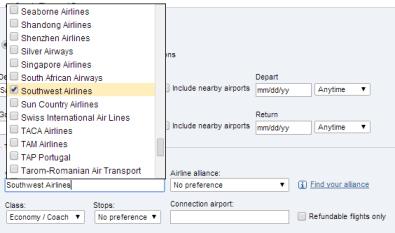 Select Southwest in the Airline list on Egencia.