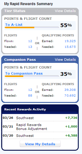 Scroll down on the My Rapid Rewards page to find your tier status and recently awarded points