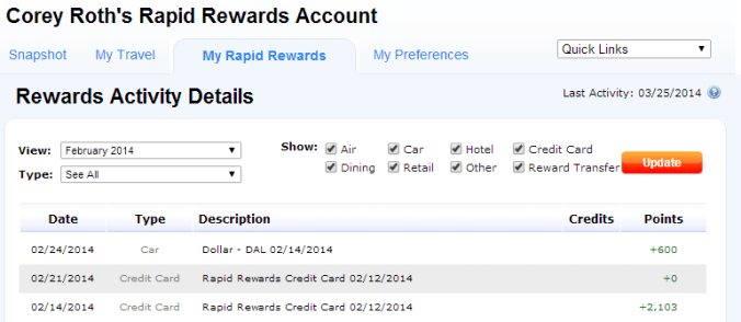 View your rapid rewards activity with a variety of filters.