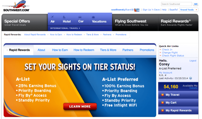 Southwest.com Rapid Rewards Landing Page