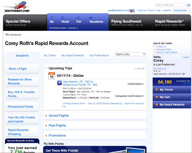 Southwest.com Rapid Rewards Snapshot