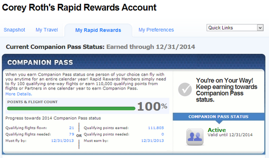 Rapid Rewards screen showing Companion Pass at 100%.