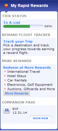 Rapid Rewards widget on Southwest.com with Companion Pass enabled.
