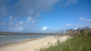 New cabanas under construction as the family beach of Castaway Cay